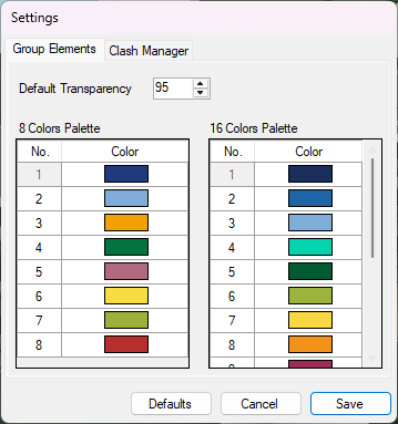 The Settings dialog on the Group Elements tab.
