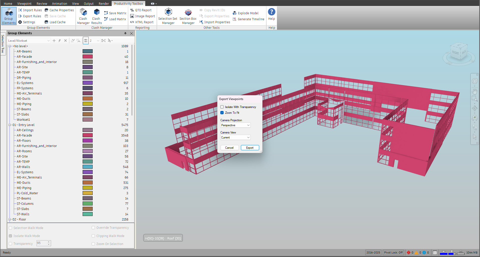 The Export Viewpoints dialog with its default values, opened on the Level/Workset grouping. The pane behind it is greyed out while the dialog is open.