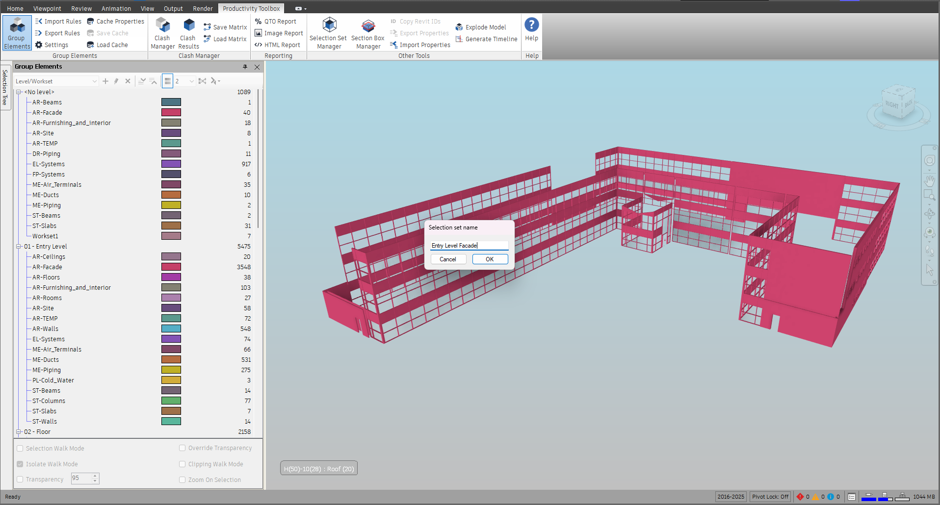 The Selection set name dialog opened by Save Selected on the AR-Facade group of 01 - Entry Level, with the name typed in.