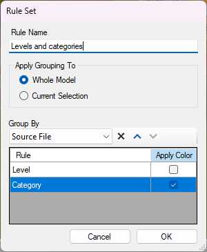 The Rule Set dialog with a Level rule and a Category rule, Apply Color ticked on the Category row (level 2). The Group By list has moved on to the next unused type.