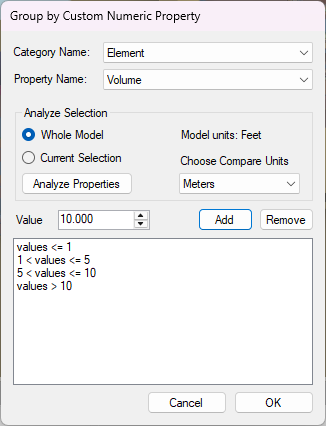 The Group by Custom Numeric Property dialog for Element / Volume on a model in feet, with Choose Compare Units switched to Meters and the split points 1, 5 and 10 added, which the list below Value shows as four bands.