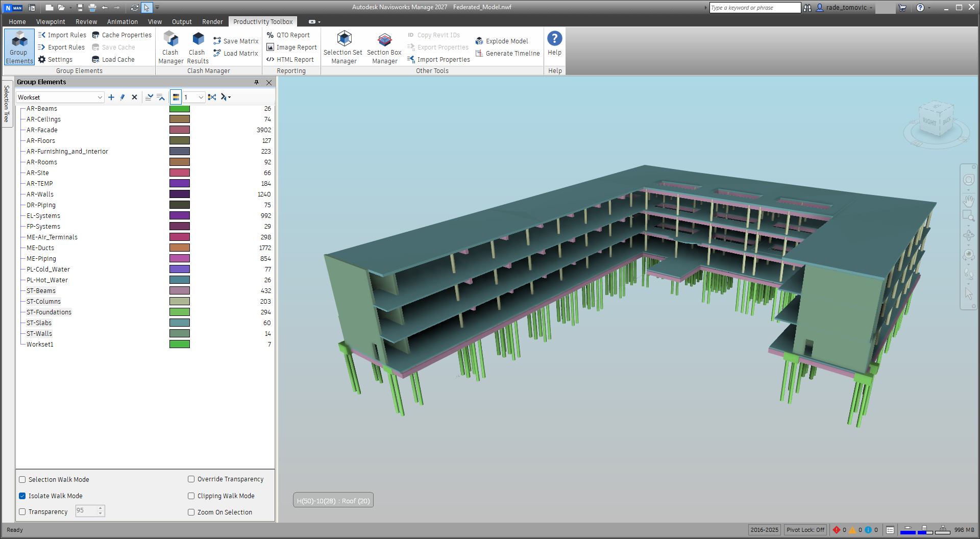 A group of a Workset grouping clicked with Isolate Walk Mode on and Transparency off: the rest of the model is hidden. With Transparency on it would stay visible in grey.
