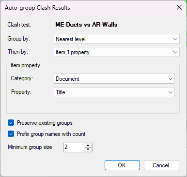Auto-group Clash Results for ME-Ducts vs AR-Walls set to Nearest level, then Item 1 property with Category "Document" and Property "Title" (the source file of item 1), after Cache Properties has been run.