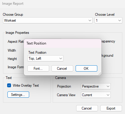 The Text Position dialog, opened with Settings... after ticking Write Overlay Text, showing its default position "Top, Left".