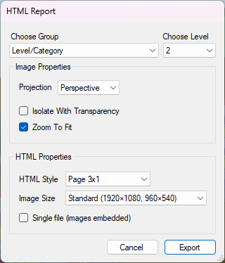 The HTML Report dialog with the Level/Category grouping at level 2, Perspective, Zoom To Fit ticked, Isolate With Transparency unticked, Page 3x1, Standard image size and Single file unticked.