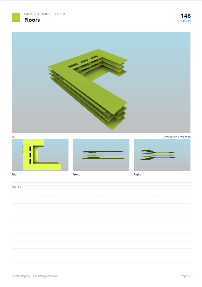 A Page 3x1 group page, "Floors", group 18 of 45 with 148 elements: the 3D view on top, the Top, Front and Right views below and the Notes box at the bottom.