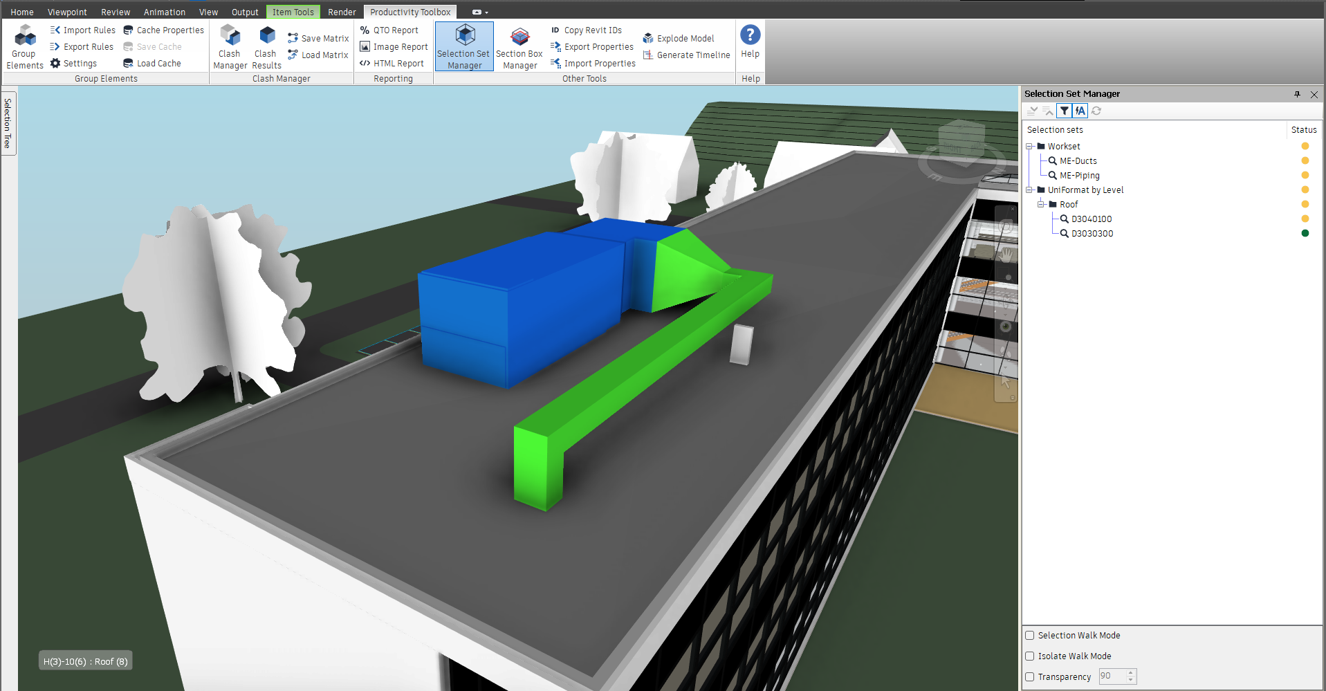 The Selection Set Manager with Auto refresh and Filter selection on: of the whole set tree only the four sets that overlap the selected ducts and pipes are left, and the Status column shows how far each one is covered.