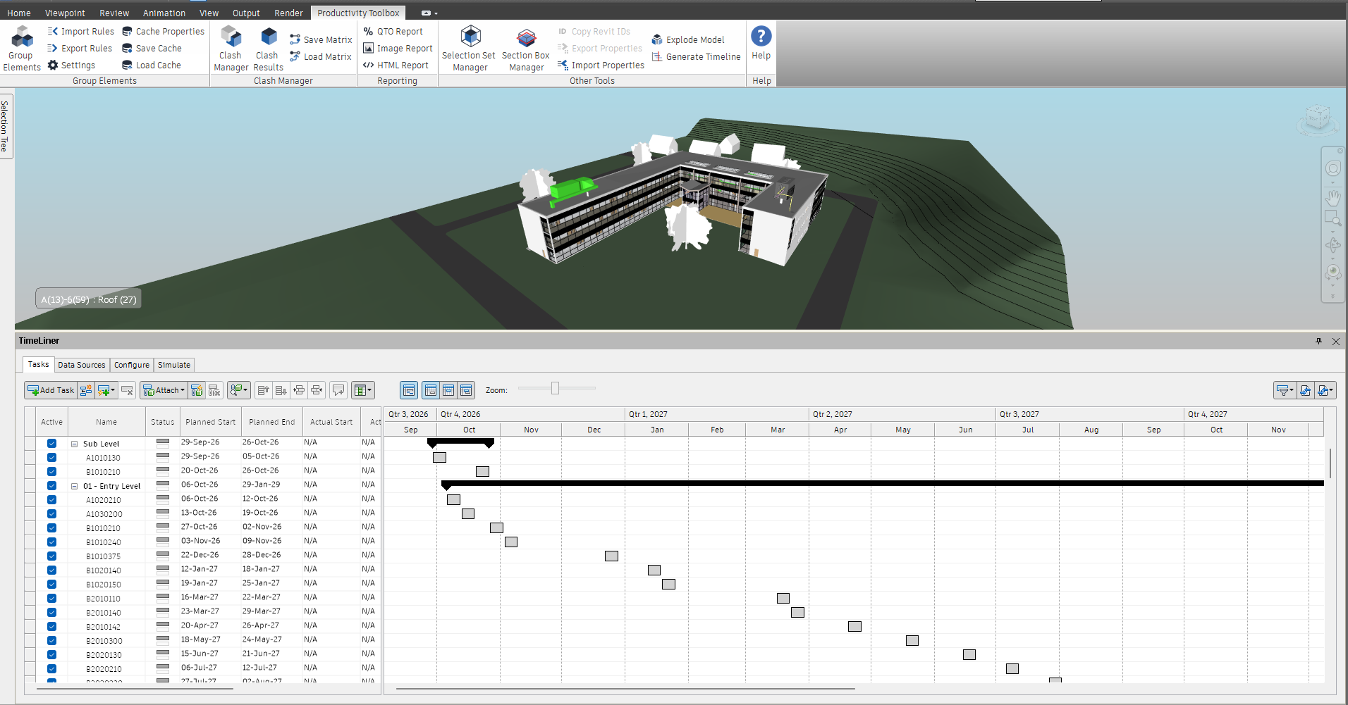 The TimeLiner Tasks tab after Generate: one summary task per level, "Sub Level" and "01 - Entry Level", each holding one task per UniFormat code, every task active and five working days long, with the Gantt chart showing the staggered sequence.