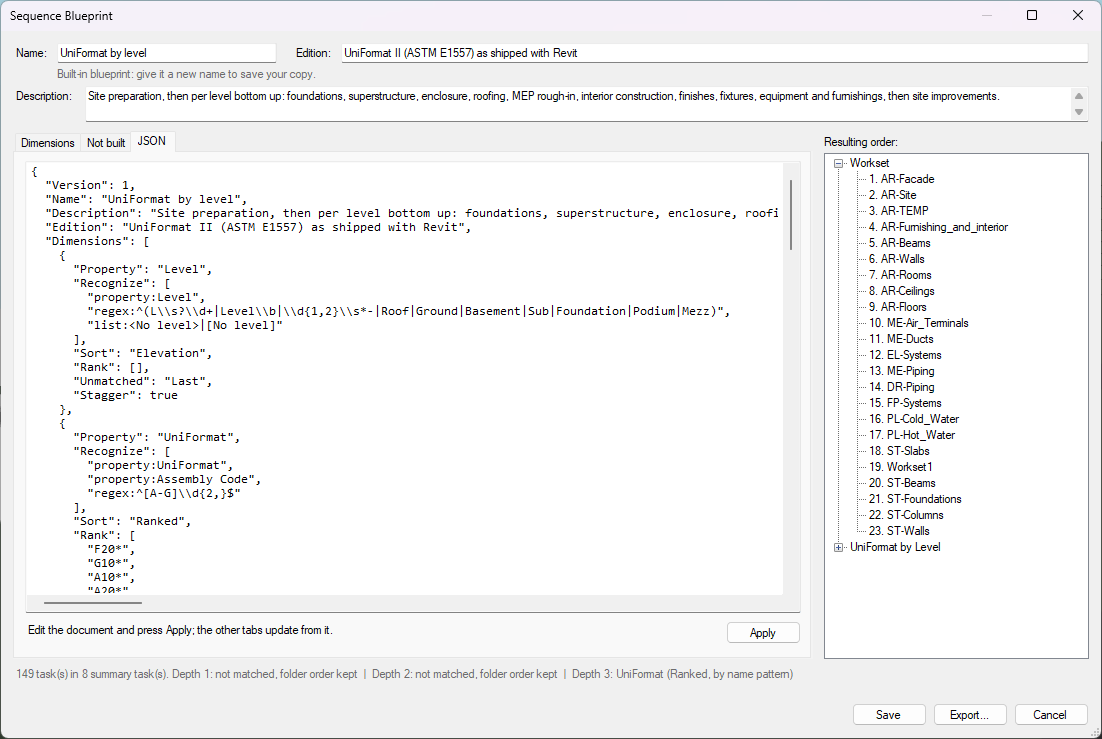 The JSON tab: the header fields, then the Dimensions array with the Level dimension (its Recognize list, Sort "Elevation", empty Rank, Unmatched "Last", Stagger true) and the start of the UniFormat dimension with its ranked codes.