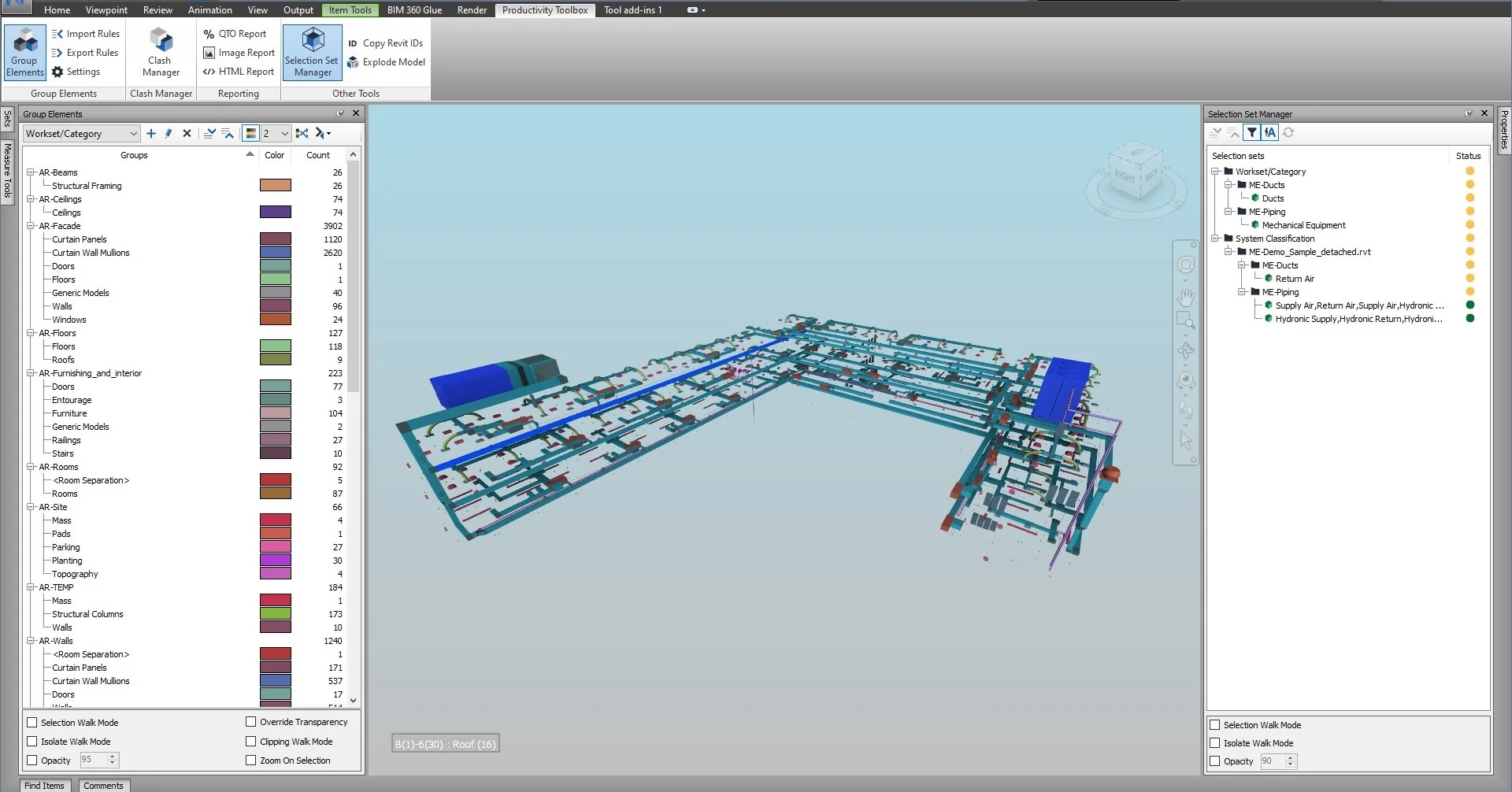 Selection Set Manager panel with hierarchical MEP system classification and highlighted ductwork in the viewport