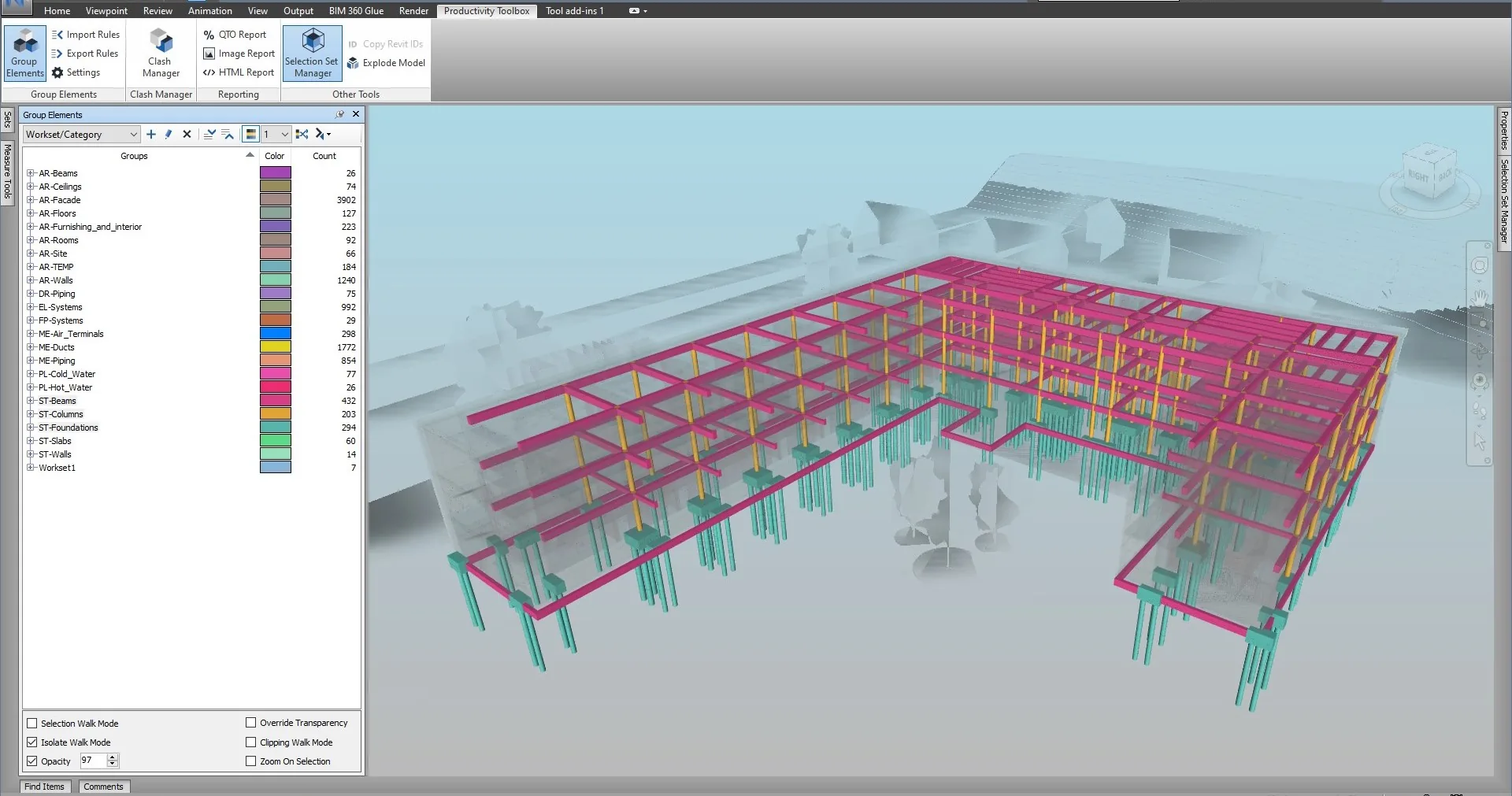 Productivity Toolbox ribbon active in Navisworks with the Group Elements panel showing workset categories and a color-coded federated model